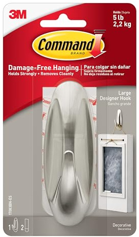 Command Large Designer Hook, Holds up to 5 lb, 1 Wall Hook with 2 Command Strips, Brushed Nickel Color, Damage Free Hanging Hooks for Hanging Decorations in Living Spaces