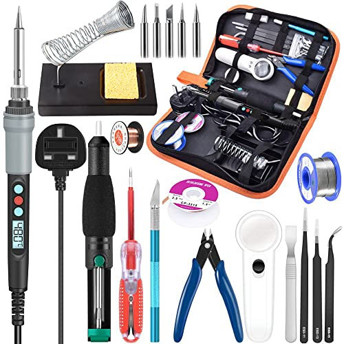 HANDSKIT Soldering Iron Kit 90W– Adjustable 180–480°C Soldering Kit for Electronics with 5 Tips, Desoldering Pump, Solder Wire, Stand, Magnifier, Tweezers – Ideal for DIY, Welding & Repairs