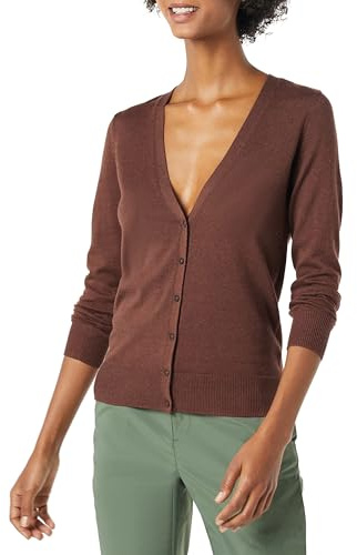 Amazon Essentials Pull Cardigan Léger Femme, Brun Châtaigne Foncé Chiné, L
