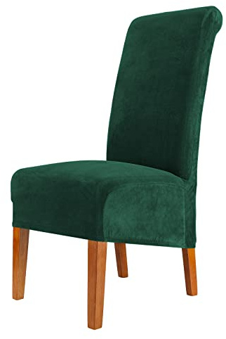 CMAKER Lot de 6 housses de chaise de salle à manger à dossier haut en velours élasthanne extensible, lavable et amovible Vert foncé