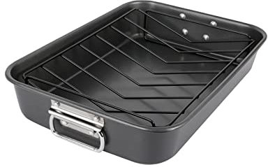 ROYAL CUISINE Deep Roasting Tin with Rack, Non Stick Baking Tray Carbon Steel Roaster with Handles. (Roasting Tray with Rack)