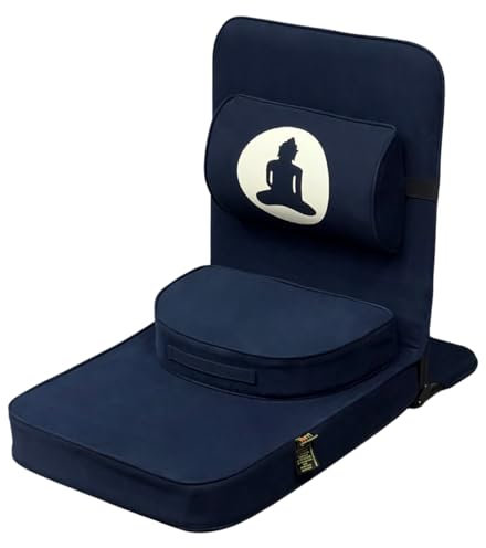 Friends Of Meditation 4-in-1 Folding Buddha Chair – Ergonomic Yoga Seat with Half-Moon Zafu, Detachable Lumbar Support & Carry Case – Navy Blue