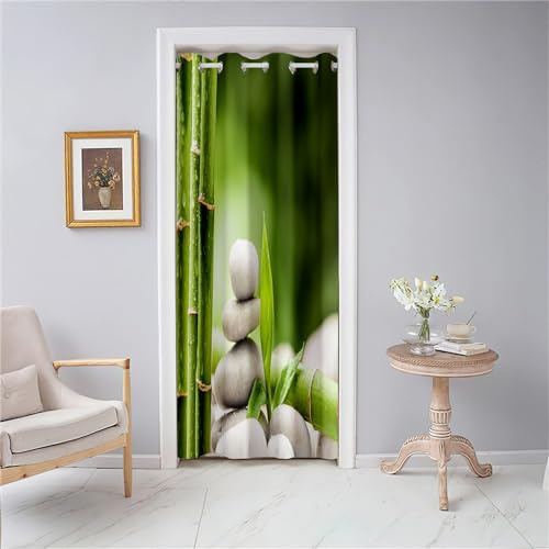 Odot Türvorhang Blickdicht mit Ösen, Thermo Gardinen Vorhang, Grüner Bambus im Zen-Stil Verdunklungsvorhänge 1 Stück, Raumteiler Vorhang für Wohnzimmer Schlafzimmer Schrank (Stil B,80x180cm)