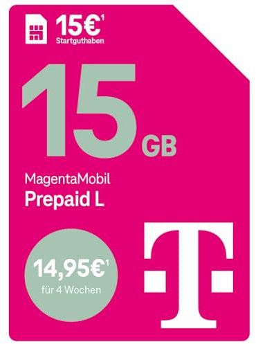Telekom MagentaMobil Prepaid L mit 25 GB Highspeed-Volumen | 5G/LTE Max & Allnet Flat in alle dt. Netze | unverbrauchtes Datenvolumen weiter nutzen | EU Roaming & Hotspot Flat | 15 EUR Startguthaben