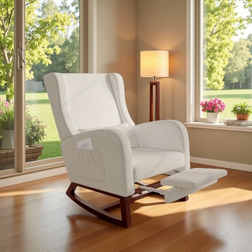 KRYZOR Poltrona relax con poggiapiedi retrattile, sedia a dondolo con braccioli, piacevole tessuto cashmere, sedia da allattamento con cuscino, divano singolo lounge con tasca laterale (Teddy Velvet