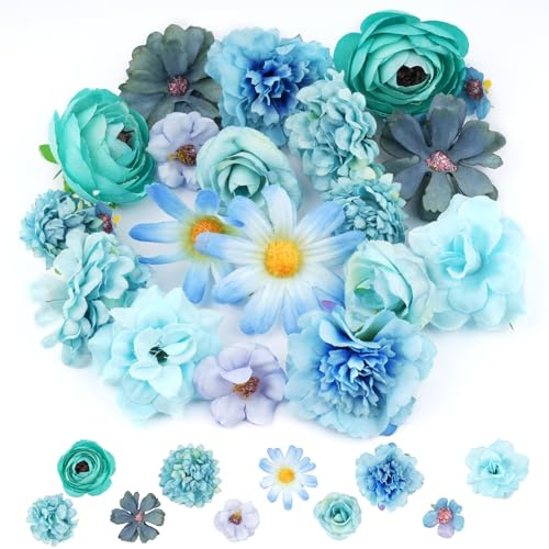 20 PCS Artificial Flower Heads, Realistic Flowers for Cake Decoration with 10 Styles, Mini Blue Flower Heads for DIY Crafts, Hair Accessories, Cake Deco, Gift Wrapping, Wedding & Home Decor (Blue)