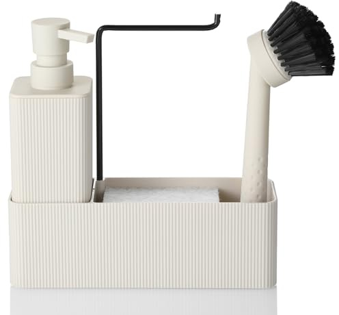 AJEUNGAIN Dispenser Sapone Cucina con Porta Spugna e Spazzola, Dispenser Detersivo Piatti Beige, 4 in 1 Organizer Lavello Cucina (Beige)