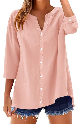 Rapbin Womens Tops 3/4 Length Sleeve Cotton Linen Button Down Ladies Blouses V Neck Solid Casual Loose Fit Roll Up Sleeve T-Shirt