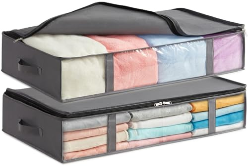 Lifewit Contenitori Sottoletto, Scatole Vestiti con Finestra Frontale Trasparente, Organizer per Armadi e Contenitori per Asciugamani, Vestiti, Coperte, Grigio, 65 L, 2 Pezzi