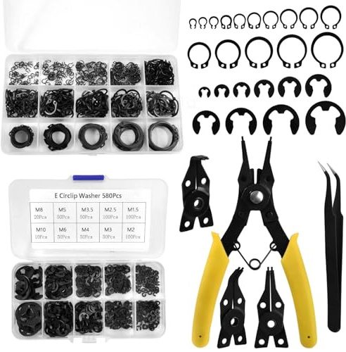 LEONTOOL 1036 anillos de seguridad externos C-Clip Surtido de anillos de retención de aleación de acero (M3-M25) + arandela de seguridad E-Clip (M1.5-M10) + alicates 4 en 1 intercambiables + pinzas