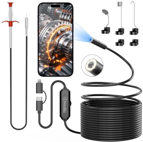 Endoskopkamera mit Licht Ferdiiz, 1920P HD Inspektionskamera, 5M Wasserdichtes IP67 Rohrkamera mit 8 LEDs, 160cm Abflussreiniger Spirale, Rohrreinigungsspirale Abflussspirale für Abwasserkanäle