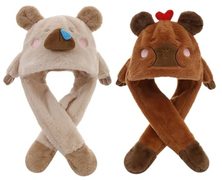 Gorro De Animal Con Orejas Móviles - 2 Piezas Gorros De Peluche De Carpincho Con Orejas Móviles | Tocado animado | Sombrero accesorio de disfraz cálido para niñas Eventos temáticos Festivales de