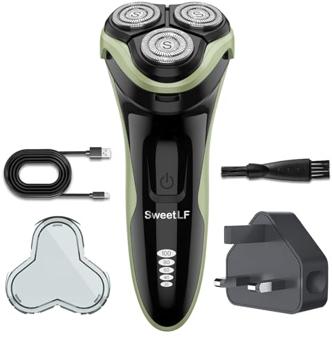 SweetLF Rasoir Electrique Homme Rechargeable Wet & Dry, Tondeuse à Barbe Haute Précision, Rasage avec 3D Têtes Rotatives, 100% Etanche&120 min d'Autonomie SWS7105 - Corail Noir Vert