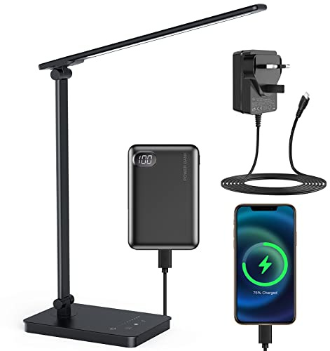 Desk Lamp Eye Caring LED Table Lamp Dimmable Bedside Lamp with 2 USB Charging Ports and 10 Brightness Levels x 5 Colour Modes Touch Control Daylight Lamps for Office, Bedside, Reading- Auto Timer
