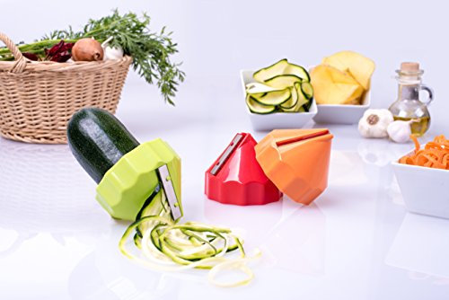 culinario 3er Set Spiralschneider, Julienneschneider mit Gemüsehalter, Ø 8,3 x 6,6 cm, Kunststoff, Edelstahlklinge, für Scheiben/grob/fein, orange/rot/grün