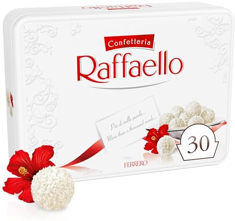 Raffaello Coconut Almond Pralines in Metal Tin Box 30 Individually Wrapped Treats, 10.6 oz