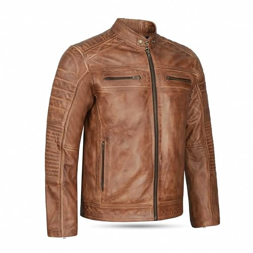 Leatherick Giacca da motociclista in vera pelle dall'aspetto invecchiato marrone chiaro, marrone invecchiato (M)