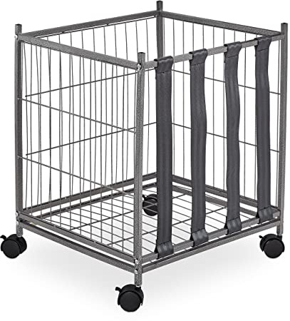 Relaxdays Ballwagen, 4 Rollen, HBT: 60 x 50 x 45 cm, Gitterrollwagen für Fußball, Basketball, Volleyball, Metall, grau