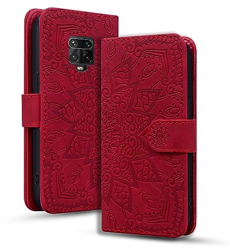 Rosbtib Funda Móvil para Xiaomi Redmi Note 9S/ Note 9 Pro Cover de Cuero Premium PU con Cierre Magnético y Función de Soporte Flip Cover Mandala en Relieve Xiaomi Redmi Note 9S/ Note 9 Pro - Rojo