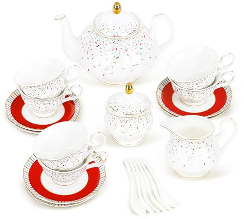 fanquare 21 Pièces de Bonbons Colorés Ensemble de Thé Britannique de l'après-midi, Set Moderne de Théières en Porcelaine, Set Vintage de Tasse à Café et Soucoupe en Bone China Adulte pour 6
