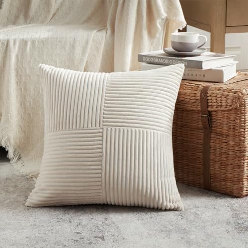 FDTERN Federe Cuscini Beige Chiaro 50x50 per Divano in Velluto a Coste Moderno Morbido Motivo a Croce Decorativa Copricuscini con Cerniera Invisibile per Divano Camera da Letto