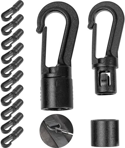 Kunststoff Karabinerhaken, 12 Stück, in Schwarz, für Ø 4-5 mm Dicke Bänder, DIY Plastikhaken für Gummiseil, Leine, Schnurband, Kordel Haken mit Stecksystem, Planenseil Spanner Gummileine Seilhaken
