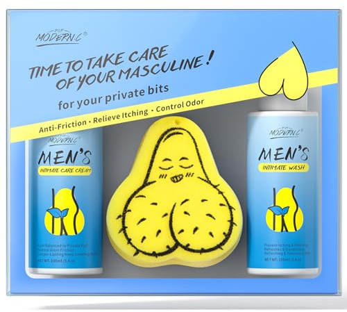 Men's Intimate Care Set with Tea Tree Oil, Contains Men’s Intimate Wash, Anti-Chafing Cream, Sponge Set pH Balanced Anti Fungal Anti Itch Anti Odour Fun Novelty Gifts for Men