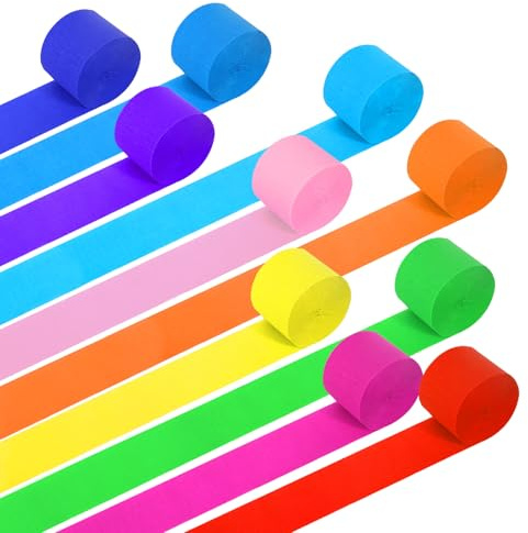 Lot de 10 rouleaux de papier crépon multicolore arc-en-ciel, serpentins, ruban crépon multicolore, pour décoration de fête, d'anniversaire, décoration de mariage (4,5 cm x 25 m)