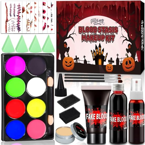 SaiXuan Halloween Set de Faux Sang 45 Pièces, Kit Maquillage Halloween avec 3 Types de Faux Sang (50ml/30ml/30ml), Cire à Cicatrices, Tatouages, Pinceaux et Éponges, pour Fête, Cosplay et Théâtre