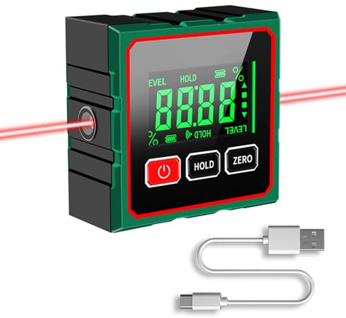Heemol Digitaler Winkelmesser, multifunktionales Messgerät mit 360° Drehfunktion Doppellaser Magnetfuß LED Hintergrundbeleuchtung Spritzwasserschutz und Type-C für DIY.