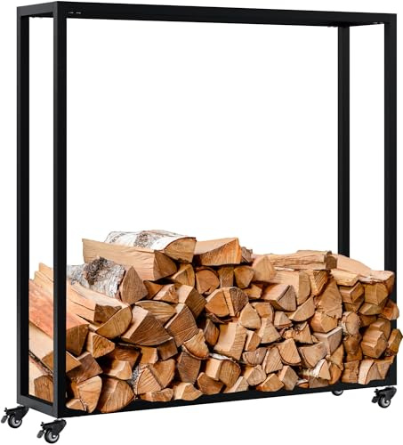 CLP Portalegna da Interno in Metallo con Ruote Hilta, scaffale in Metallo Robusto, stoccaggio Legna da ardere in Salotto, Colore:Nero, Dimensione:25x100x100 cm