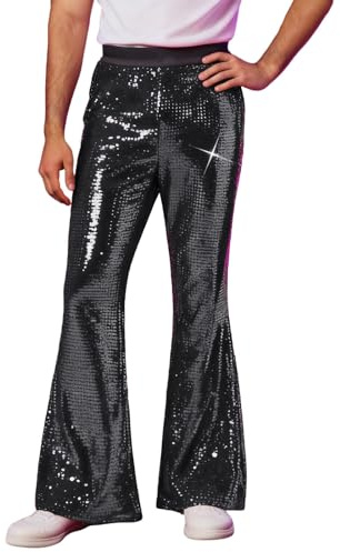 Sparkly Sequin Mens Trousers Dressy Flared Wide Leg Pants Elastic Waisted Party Metallic Shiny Trouser Modern Hip Hop 70s Disco Dance Bell Bottoms Casual Formal Pants Glitter Dress Trousers