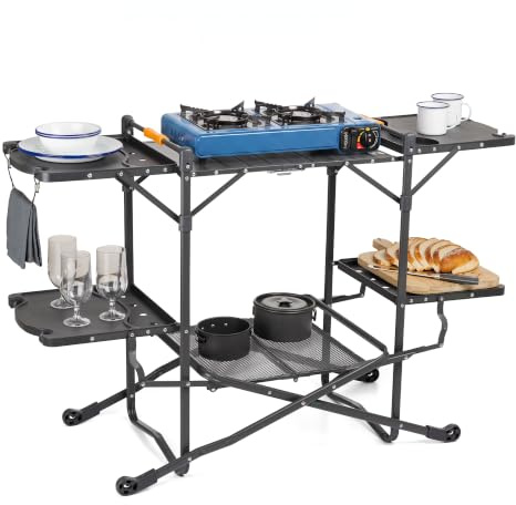 Trail Slimfold Camping Kitchen Stand with Bag, H88cm x W135cm x D49.5cm | Pre-Fitted Aluminium Stove Shelf, 4 Folding Side Tables, Lower Mesh Storage Rack, Powder-Coated Steel Frame, Fold-Flat Design