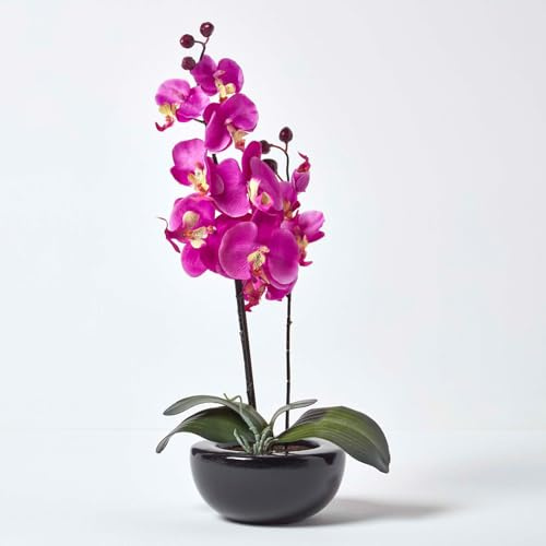 HOMESCAPES Cerise Orchid with Silk Flowers in Black Round Planter Pot 54 cm tall - Artificial Flowers and Plants for Indoor Decoration