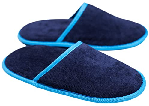 Sowel® Zapatillas de Estar por Casa, 100% Algodón Orgánico, Zapatillas de Hotel, Pantuflas de Casa, Hombre y Mujer, Talla Única, Cerradas, Azul Marino/Azul