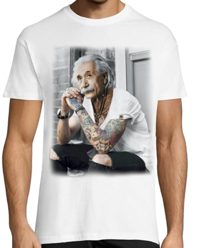 KMF T-SHIRT Maglietta da uomo stampata – Design divertente hipster – Regalo originale geek – 100% cotone – Einstein tatuato, bianco, 3XL