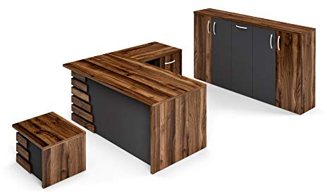 Casa Mare 71 Wood Office Furniture Set of 3pcs | Executive Right Side L Shaped Corner Desk & File Drawers w/Telescopic Rail | Coffee Table | Storage Cabinet w/Chrome Handles | Modern Home Workstation