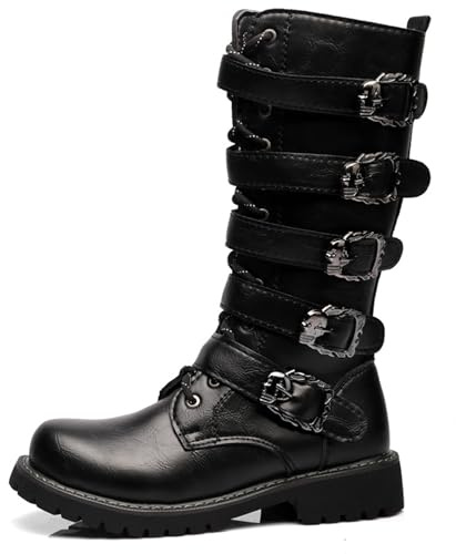 DJFOG Bottes de Moto Punk Rock pour Hommes, Bottes mi-Mollet rétro avec Boucle en métal, Bottes Militaires à Lacets en Cuir synthétique Souple, Semelle extérieure Solide,Noir,45 EU