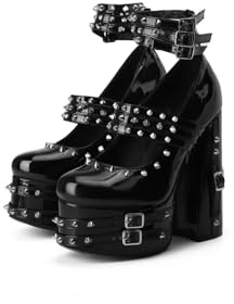 Frankie Hsu Goth Chunky Platform High Heeled Pumps Ankle Bootie, Black Patent Strappy Rivets Punk Gothic Y2K Hot Girl Boot, Big Large Size Shoes For Women Men, Black, 6 UK