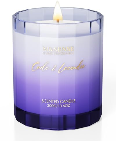 M&SENSE Lavendel Kerze im Glas，Natürliche Wachskerze mit Floralem Aroma, Aromatherapie Kerze für Entspannung, 300g 60 Std. Brenndauer, große duftende Kerze Luxuskerze Geschenk und Heimdekoration