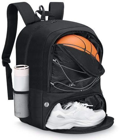MoKo Basketball Tasche Rucksack, Fußballrucksack für Männer & Frauen mit getrennten Ball- und Schuhfächern, wasserdicht, Zaunhaken, Sporttasche für Kleidung, Schuhe, Tablets, Laptops, Schwarz