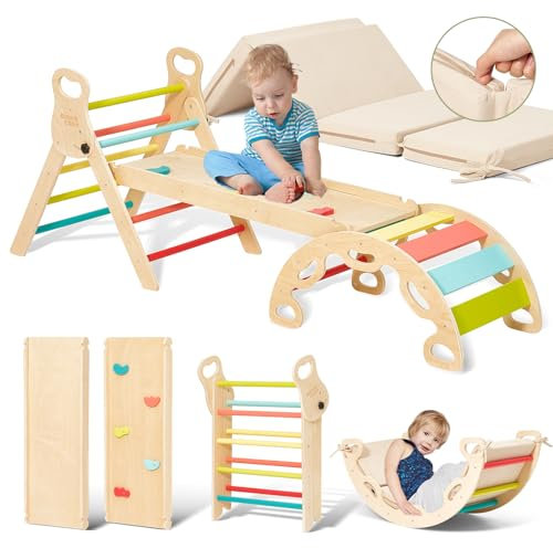 Indoor Klettergerüst ab 1 Jahr Montessori Kletterdreieck Kletterbogen mit Kissen mit Kletterbogen und Rutsche, Holzdreieck für Kleinkinder ab 1-3, Indoor Kletterspielzeug, (S-bunt- mit Polster​)