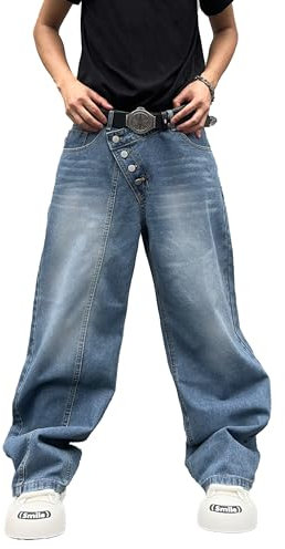 Zewool Herren Schrägknopf Baggy Jeans - Skater Y2K Hip Hop Weite Beinform Denim-Hosen 2000er Super Gerade Lockere Entspannte Passform Bewegungsfreiheit Streetwear, A10 Blau, S