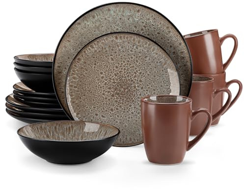 vancasso Bubble Brown 16 Piece Plates and Bowls Set, Mediterranean Style Stoneware Dinner Set for 4, Reactive Glaze Dinnerware Sets, Dishwasher & Microwave Safe