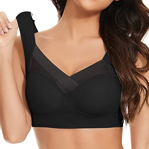 Feelcrag Comfy Bras for Women UK,Sleep Bras for Large Busts Full Back Cover Breathable Bra Full Coverage Soft Cup Bra Summer Push-Up Wireless Bra Breathable Everyday Comfort Soft Black