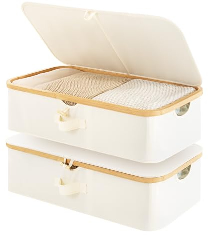 StorageWorks Underbed Storage Containers with Lids, 2-Pack 7 Low Profile Under Bed Storage Box with Bamboo Frame for Clothes, Bedding, Blankets and Shoes, 42L Sturdy Fabric Organizer, Beige