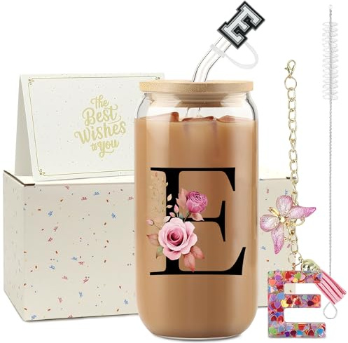 ZIOSINM A-Z Lettera Bicchiere Con Cannuccia, 500ml Tumbler con Coperchio, Regalo Donna Compleanno, Ideale Come Regalo Maestre Fine Anno (E)