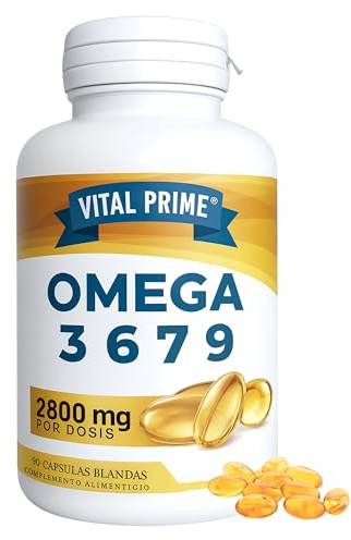 VITAL PRIME Oméga 3 6 7 9 2800MG | 90 Capsules Enrichies en Huiles de Lin, Onagre, Olive, Germe de Blé et Noix de Macadamia | Oméga 3 6 7 9 en Gélules Molles