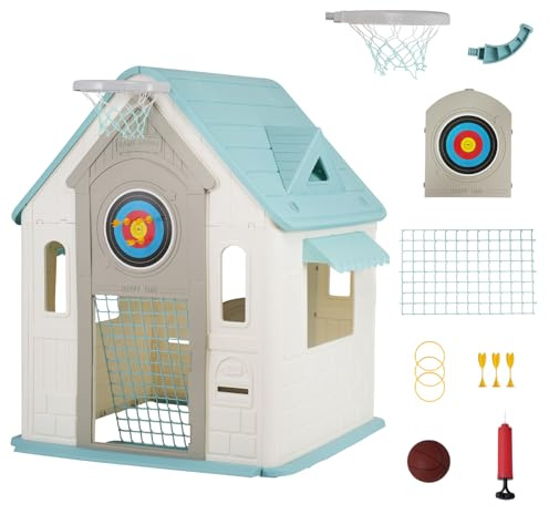 Kids Cottage Playhouse with Magnetic Dartboard, Basketball Hoop, Ring Toss & Soccer Goal – Indoor & Outdoor Playhouse