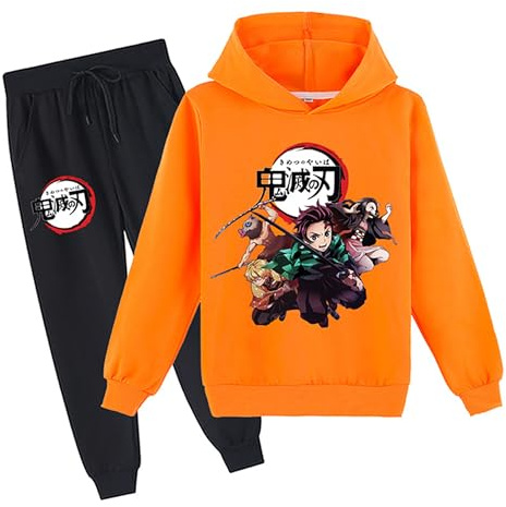 Satdflie japonés Anime Demon Slayer Lounge Wear Sets Sudadera de manga larga con pantalones de sudar Trajes de 2 piezas Unisex Sudadera con capucha Traje completo, naranja, M